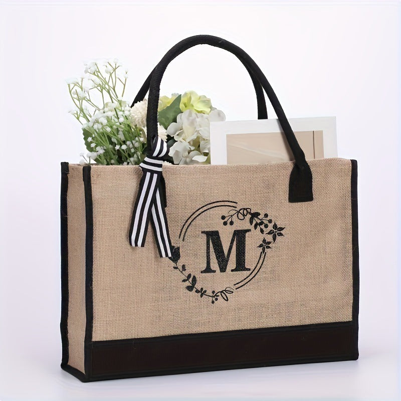Large Capacity Portable Printing Initial Letter Jute Linen Shopping Bag