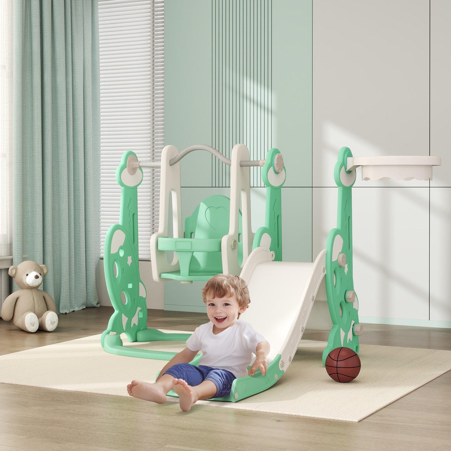 4 In 1 Toddler Slide And Swing Set For Ages 1.5-4, Toddler Playset Playground With Climber, Basketball Hoop, Green