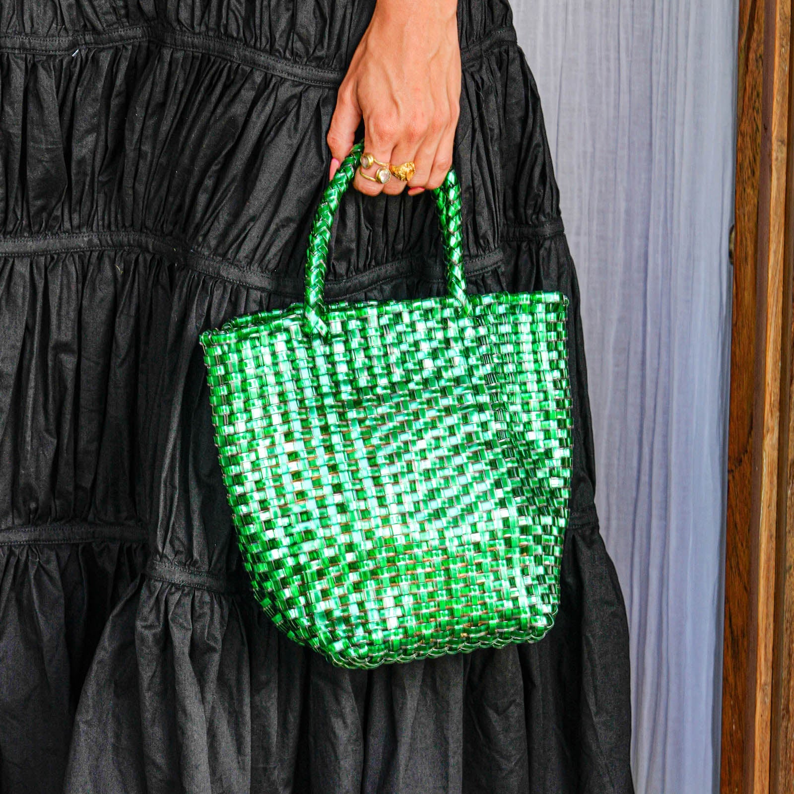 La Tote Recycled Tote Bag In Metallic Green
