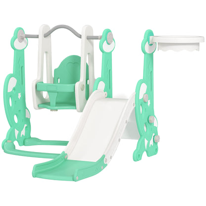 4 In 1 Toddler Slide And Swing Set For Ages 1.5-4, Toddler Playset Playground With Climber, Basketball Hoop, Green