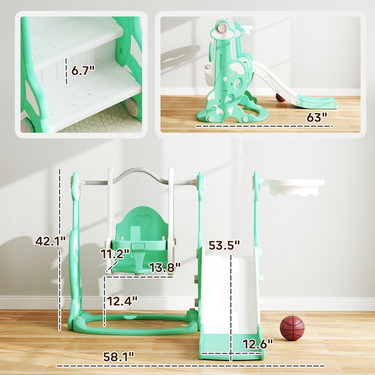 4 In 1 Toddler Slide And Swing Set For Ages 1.5-4, Toddler Playset Playground With Climber, Basketball Hoop, Green