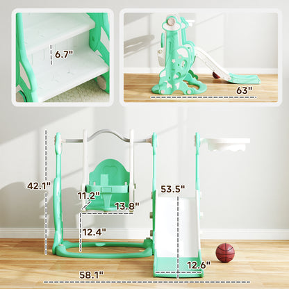 4 In 1 Toddler Slide And Swing Set For Ages 1.5-4, Toddler Playset Playground With Climber, Basketball Hoop, Green